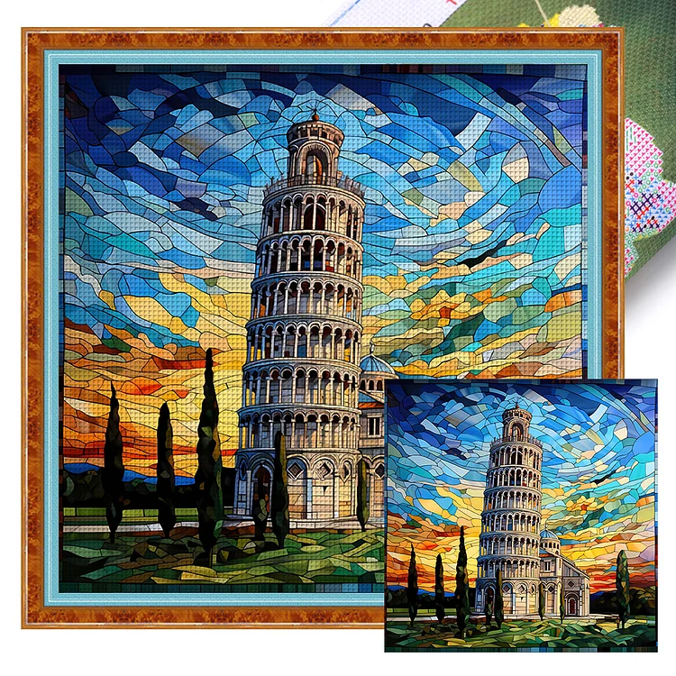 『YiShu』Stained Glass Italy Leaning Tower Pisa - 11CT Stamped Cross Stitch(50*50cm)