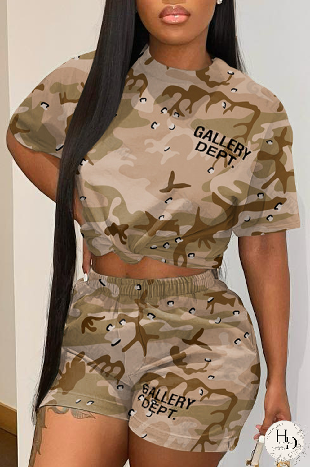 Gray Apricot Casual Street Camouflage Print Patchwork Pocket O Neck Short Sleeve Two Pieces