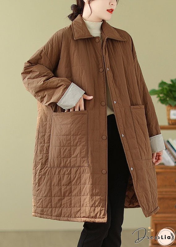 Plus Size Coffee Peter Pan Collar Pockets Fine Cotton Filled Coat Winter
