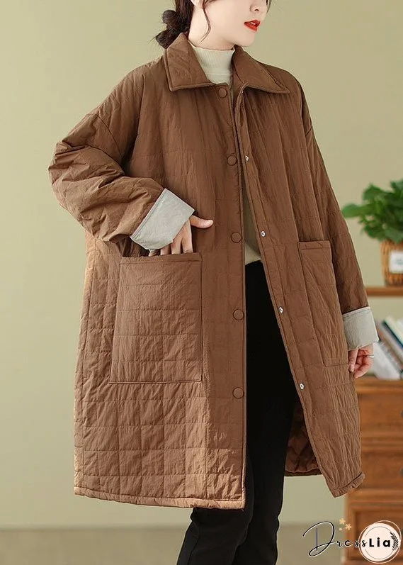 Plus Size Coffee Peter Pan Collar Pockets Fine Cotton Filled Coat Winter