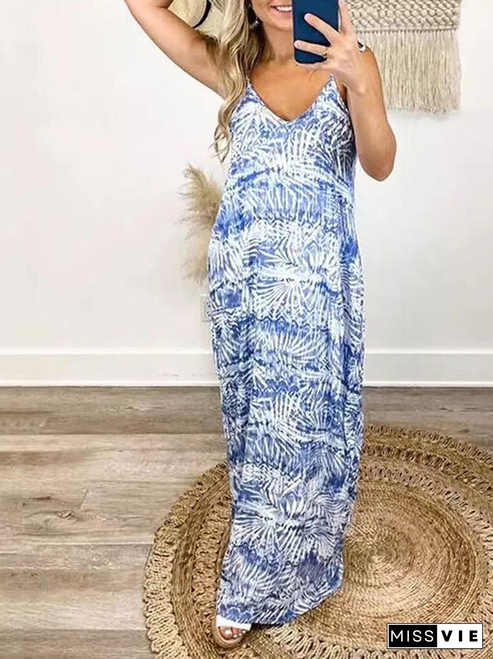 Women'S Dresses Loose Tie-Dye Print V-Neck Slip Dress