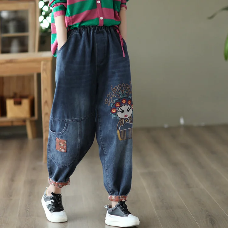 Retro Embroidery Summer Autumn Casual Cotton Jeans