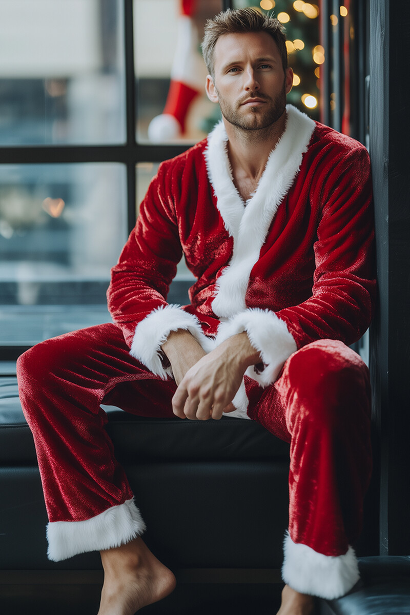 Christmas Velvet Faux Fur Trim Santa Costume Pajamas Jumpsuit