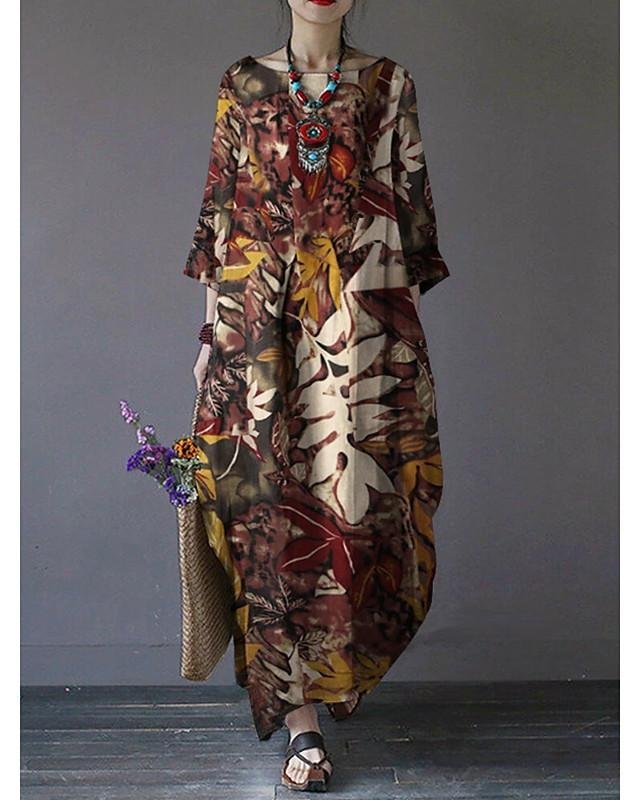 Women's Swing Dress Maxi Long Dress 3/4 Length Sleeve Print Fall Hot Vintage Chinoiserie Cotton Red Green Brown
