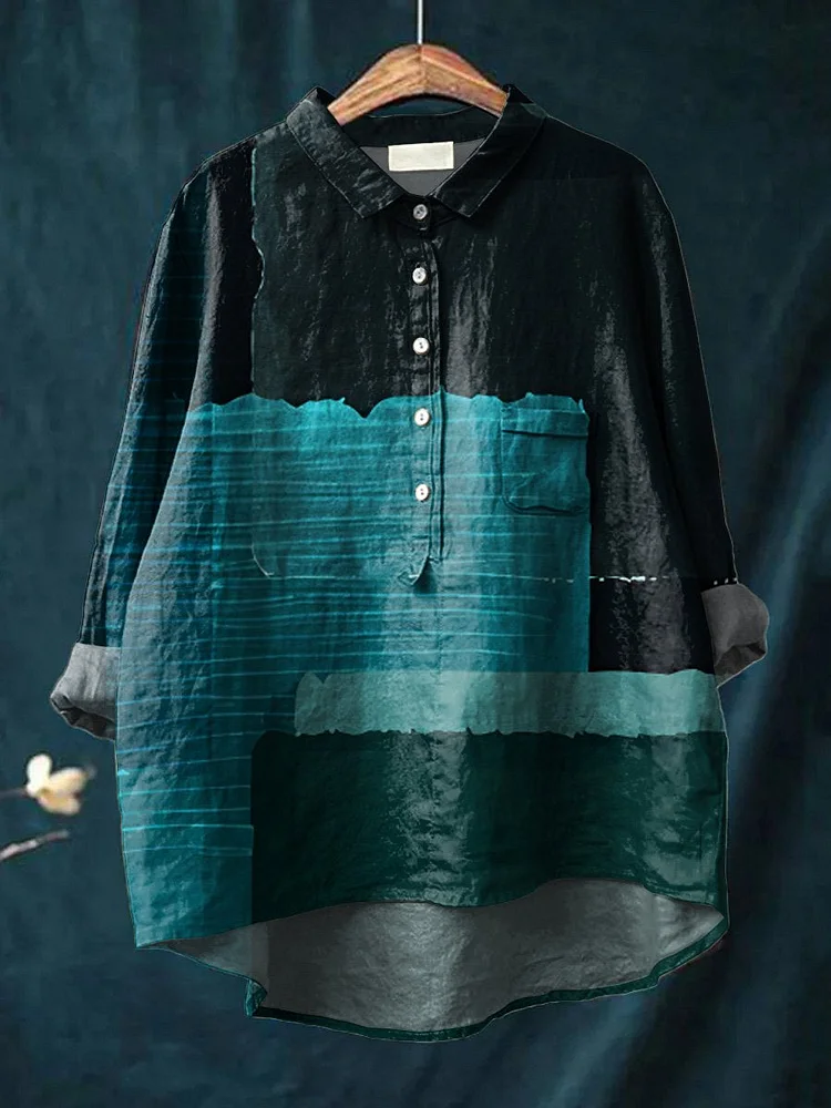 Women's Abstract Simple Color Matching Modern Art Print Casual Cotton And Linen Shirt