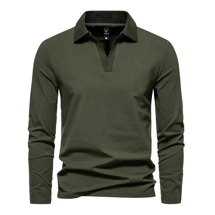 Men's Casual Solid Color V-Neck Long-Sleeved Polo Shirt