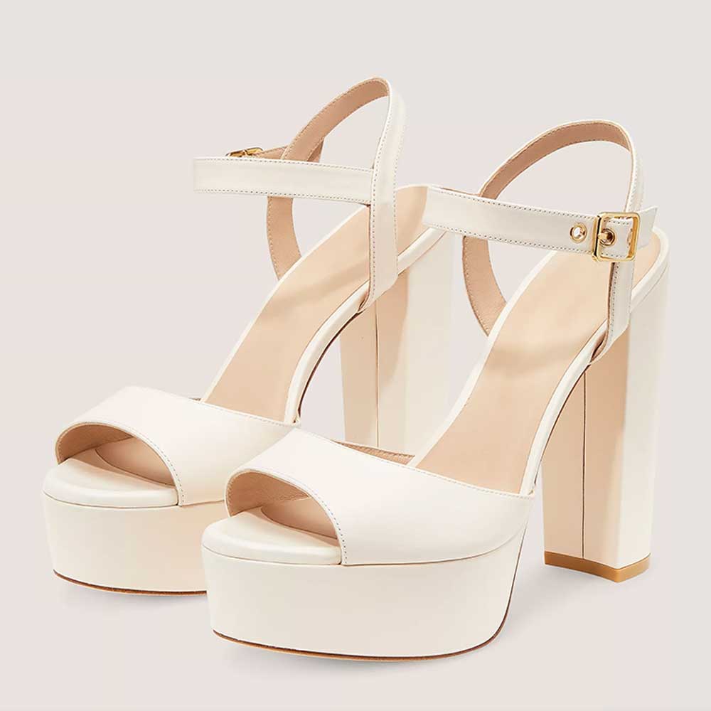Ivory Open Toe 5'' Block Heel Ankle Strap Platform Bridal Sandals Nicepairs