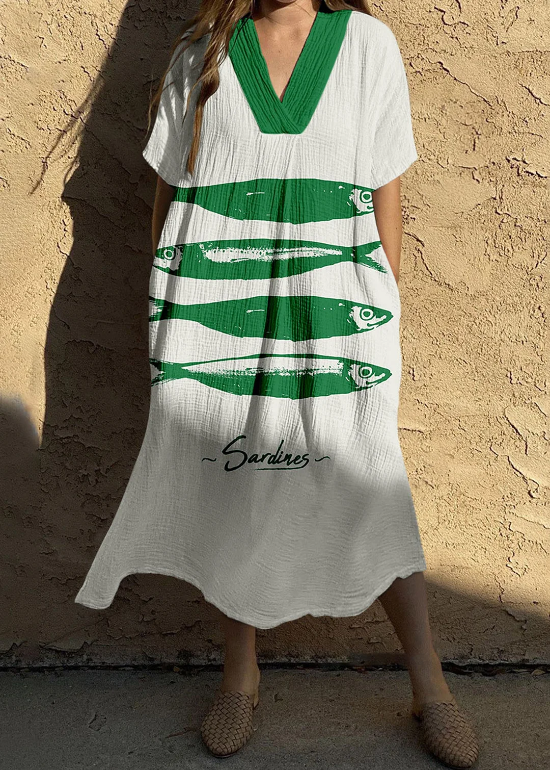 Vintage Green Fish Print V-Neck Dress