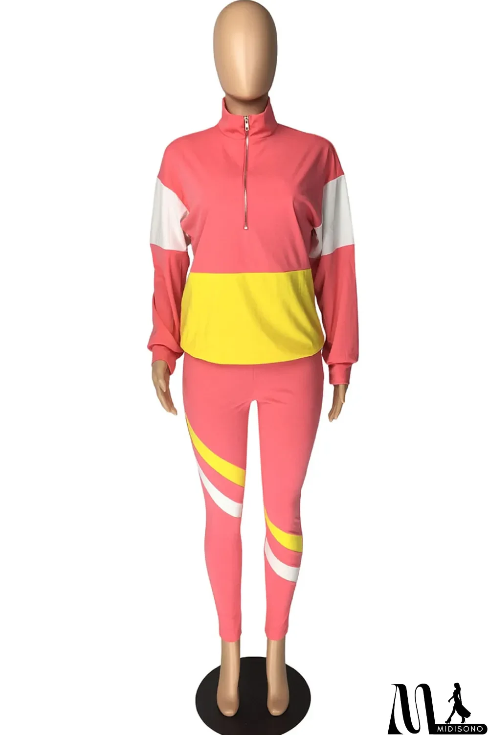 MidiSono - Fluorescent green Casual Striped Print Zippered Split Joint Mandarin Collar Long Sleeve Two Pieces