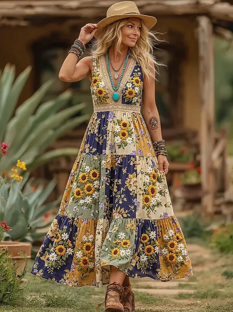🌻 Women's Sunflower Patchwork Tiered Boho Maxi Dress