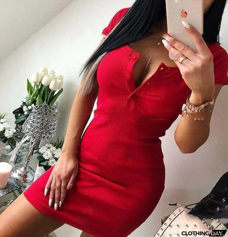 Sexy Short Sleeve Solid Color Dress