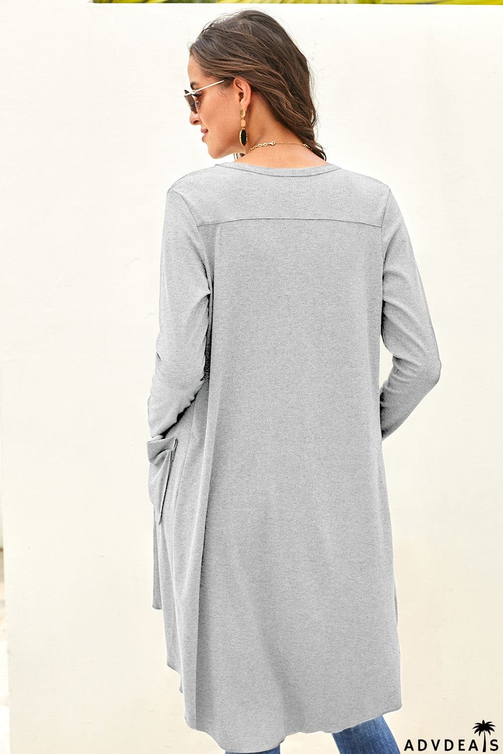 Light Gray Selected Button Down Pocketed Knit High Low Long Cardigan