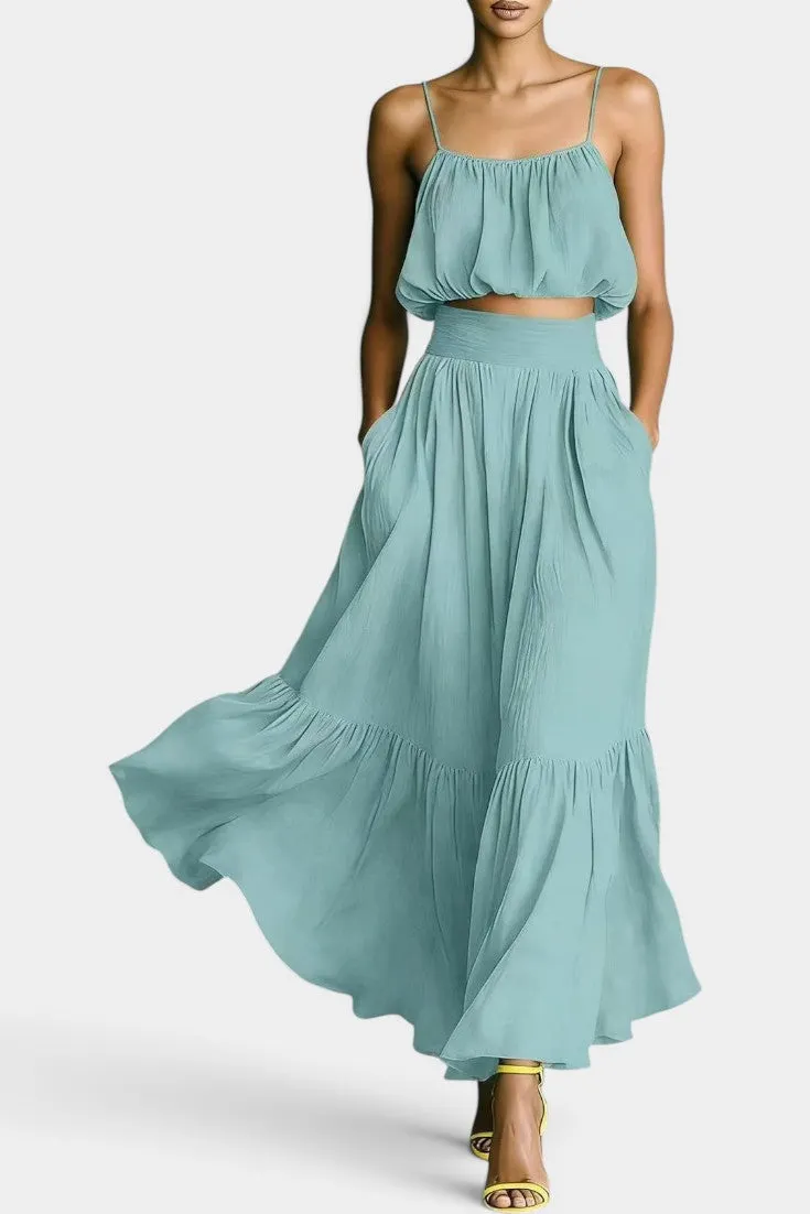 Spaghetti-Strap Crop Top with Tiered Maxi Skirt