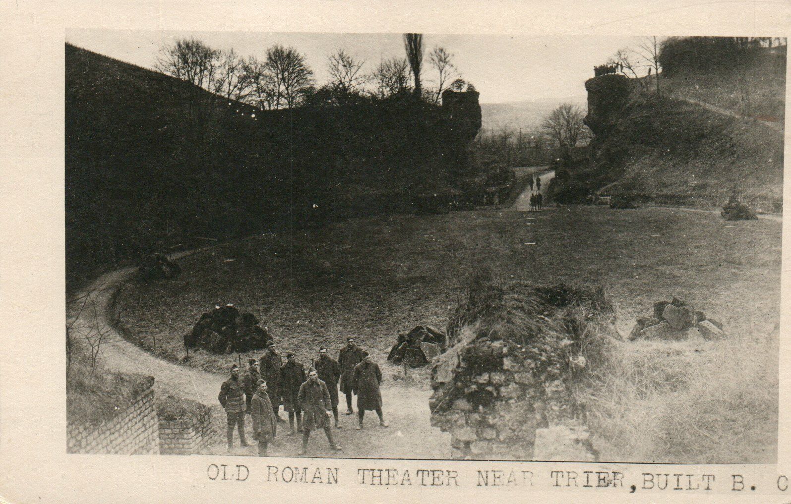 WWII WW2 Soldiers In Old Roman Theater Near Trier Real Photo Poster painting RPPC Postcard