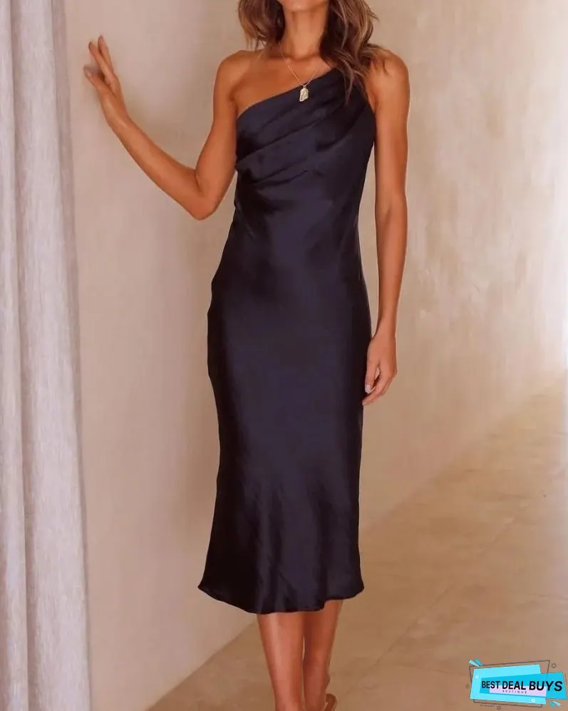 AILISA - RUCHED ONE SHOULDER SLIP MIDI DRESS