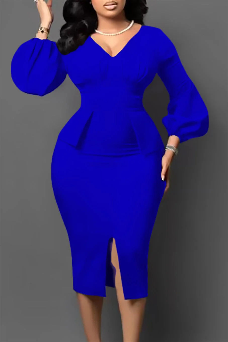 V-Neck Bubble Sleeve Split Dress