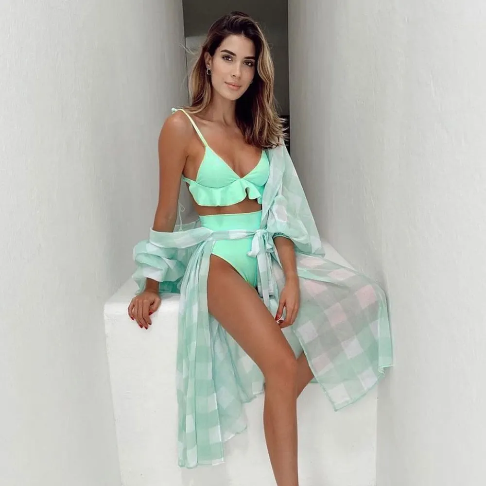 2021 New High Waist Ruffle Bikini Sets Beach Cover Up Solid Light Blue Swimwear Women Swimsuit Beachwear Bathing Suit biquini