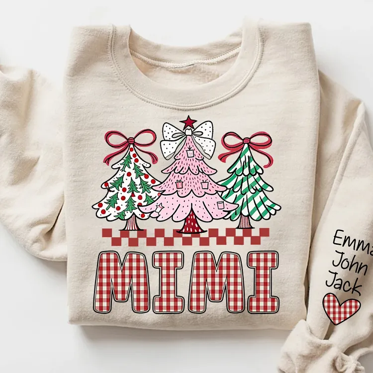 Personalized Mimi Christmas Shirt, Custom Sand Red Checkered Base Sweatshirt with Sleeve Names, Cute Festive Gift for Mimi