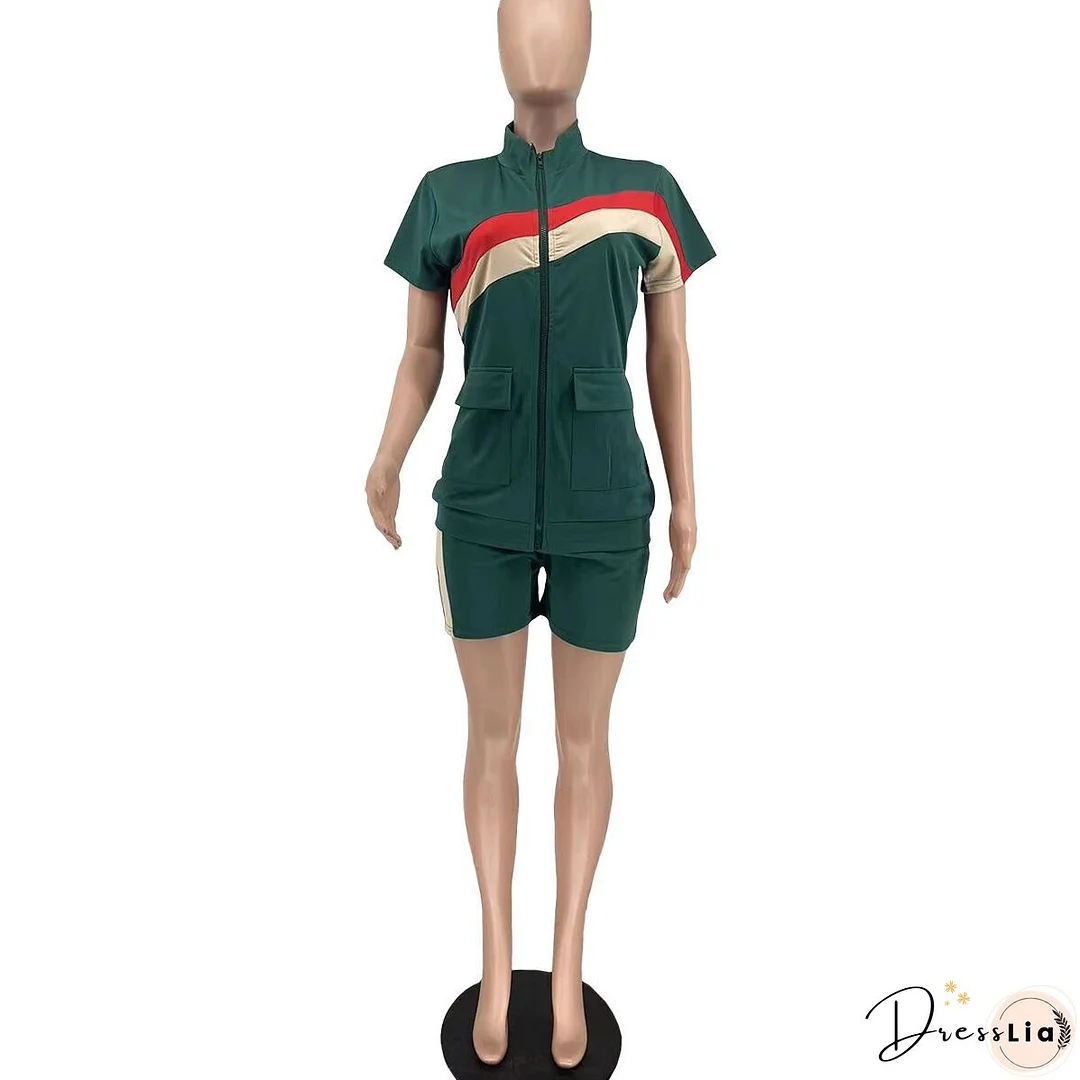 Women's Sports Casual Fashion Zip Pocket Top Shorts Two-Piece Set