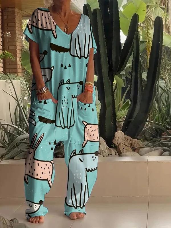 Casual Cartoon Dog Art Print V Neck Jumpsuit