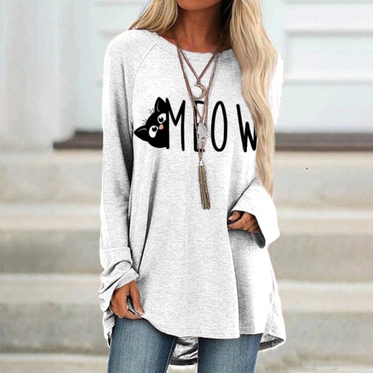 Comstylish Casual Meow Cat Print Long Sleeve Tunic