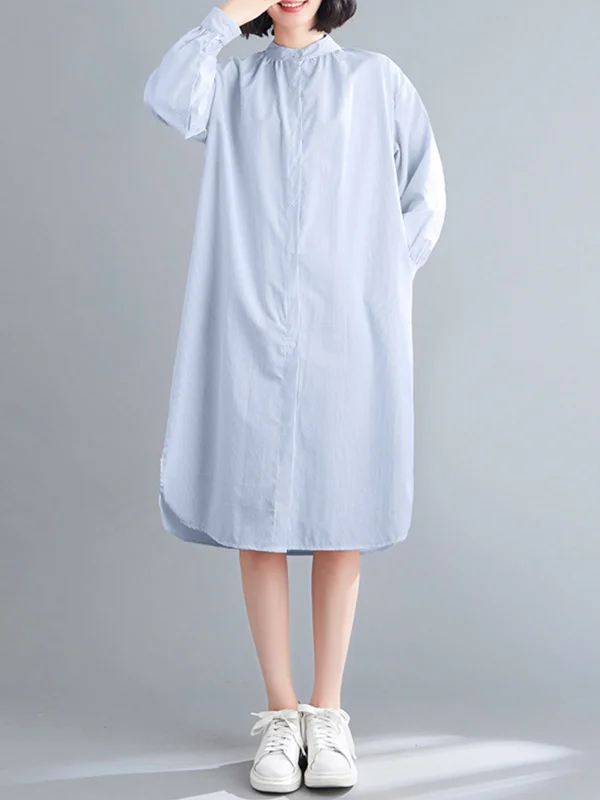 Minimalist Casual Pure Color Buttoned Stand Collar Long Sleeves Midi Shirt Dress