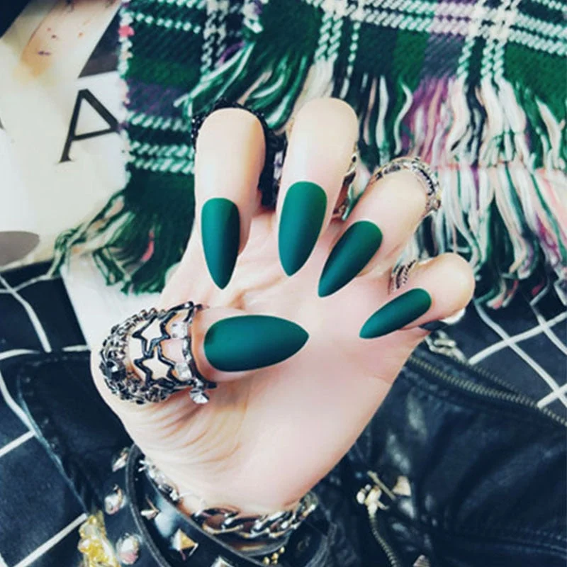 24Pcs Full Cover Pointed Head Scrub Temperament white matte false nails Wearable Stiletto Fake press on Nail with Glue for gils-Nail Inspo