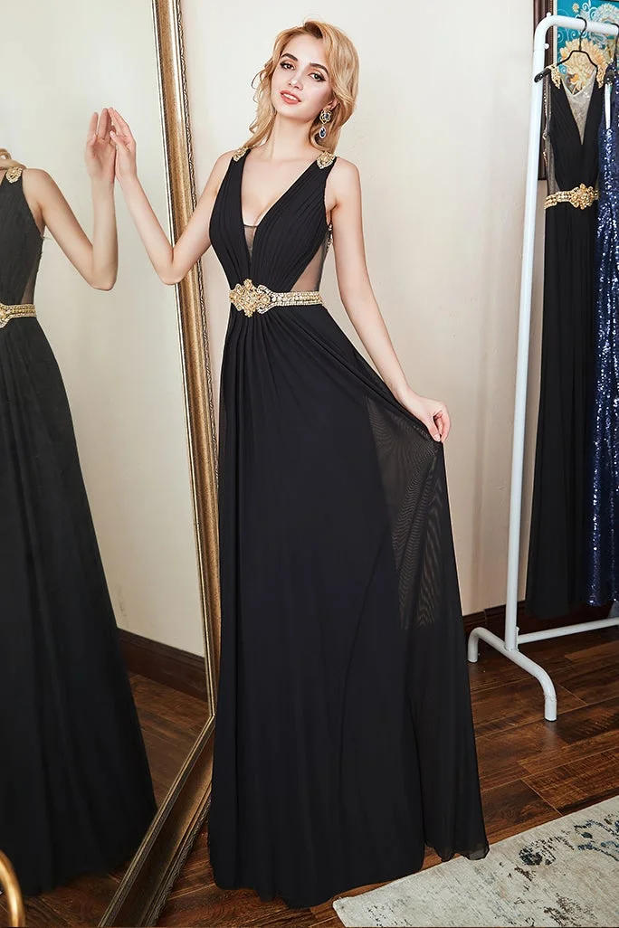 Daisda Sleeveless Prom Black Dress With Crystals