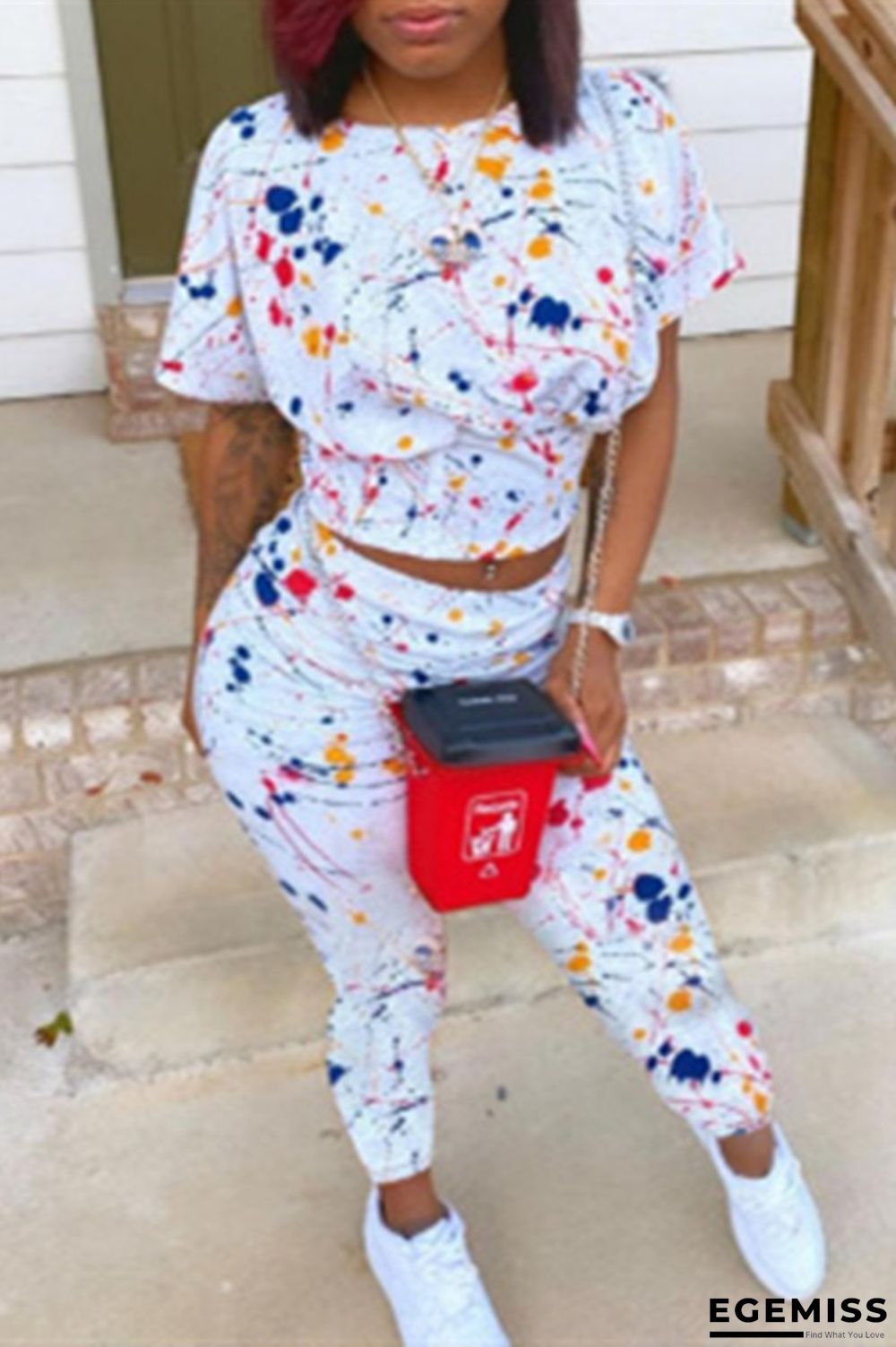 White Fashion Casual Print Basic O Neck Short Sleeve Two Pieces | EGEMISS