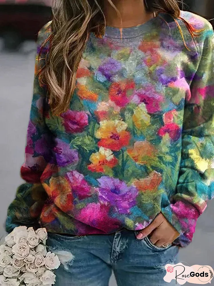 Crew Neck Floral Printed Casual Sweatshirts