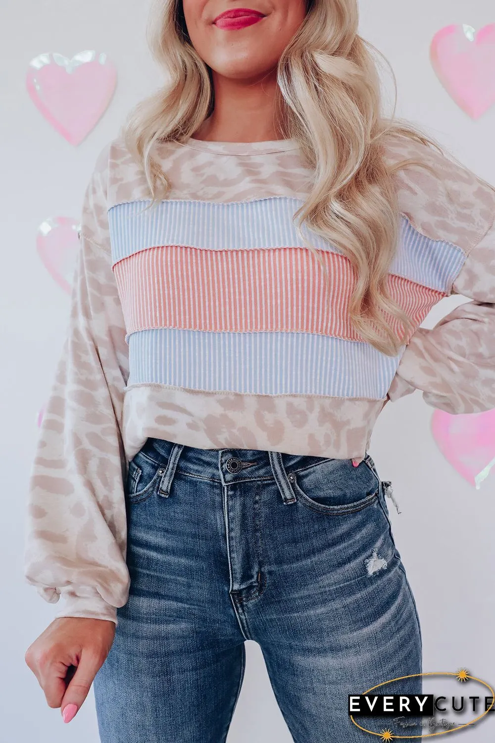 Leopard Animal Print Contrast Stripes Patchwork Puff Sleeve Knit Top