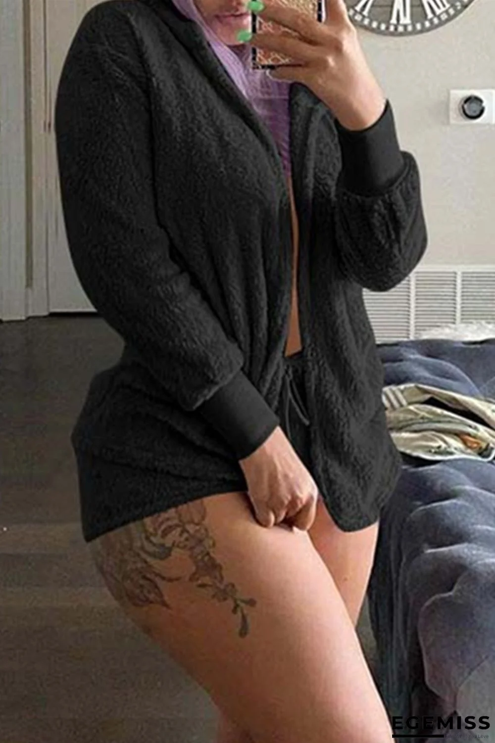 Black Fashion Casual Solid Basic Hooded Collar Long Sleeve Two Pieces | EGEMISS