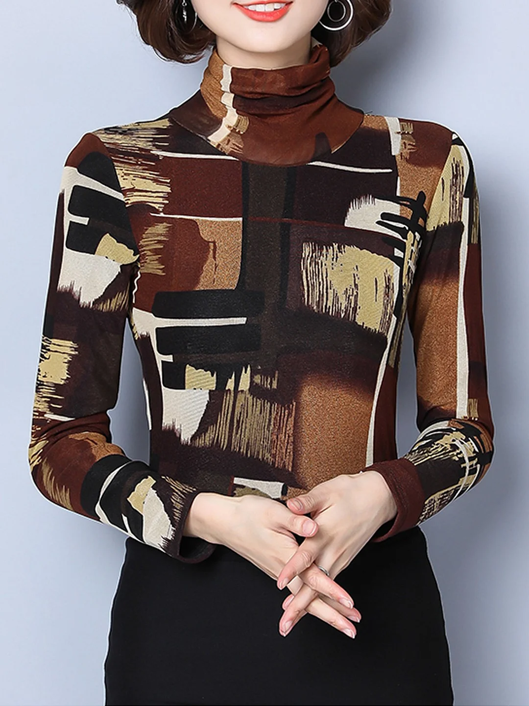 Turtle Neck Printed Color-block T-Shirt