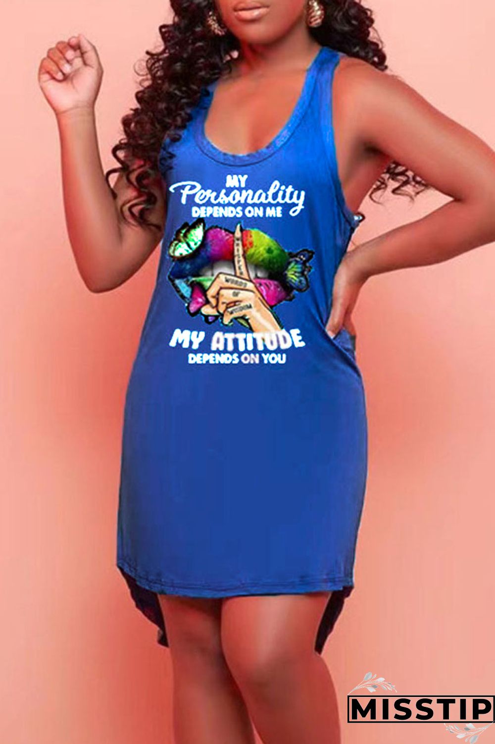 Blue Casual Print Patchwork U Neck Straight Dresses