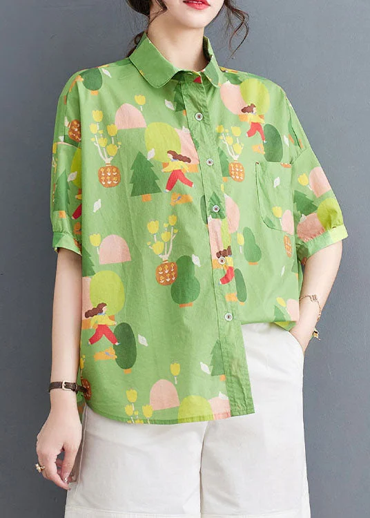 Chic Green Peter Pan Collar Print Patchwork Cotton Shirt Tops Summer