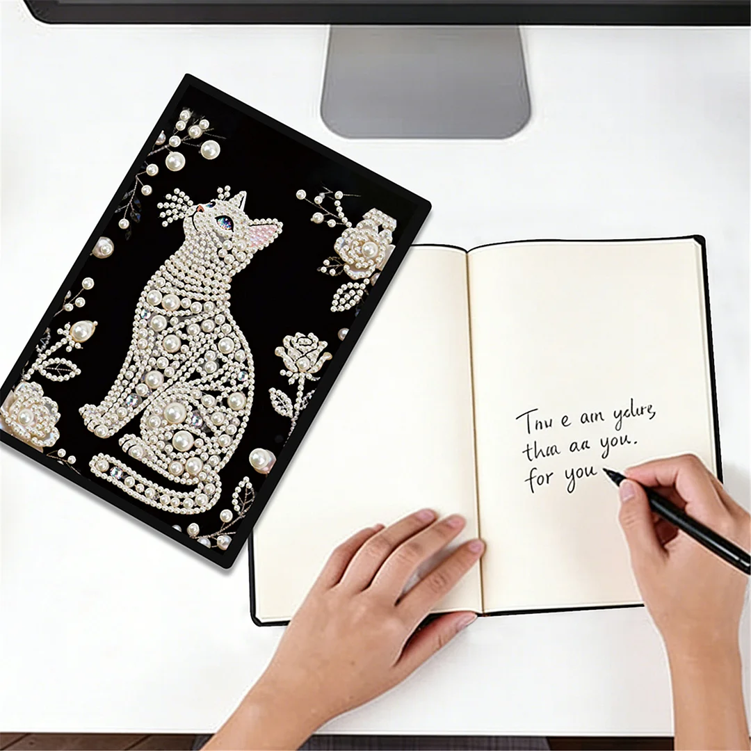 Flowers and Cat Partial Pearl DIY 50 Pages A5 Diamond Painting Notebook Special Shaped Diamond Art Diary Book Kits Wireless Strip 5D Crystal Art Paintings Sketchbook for Art Drawing