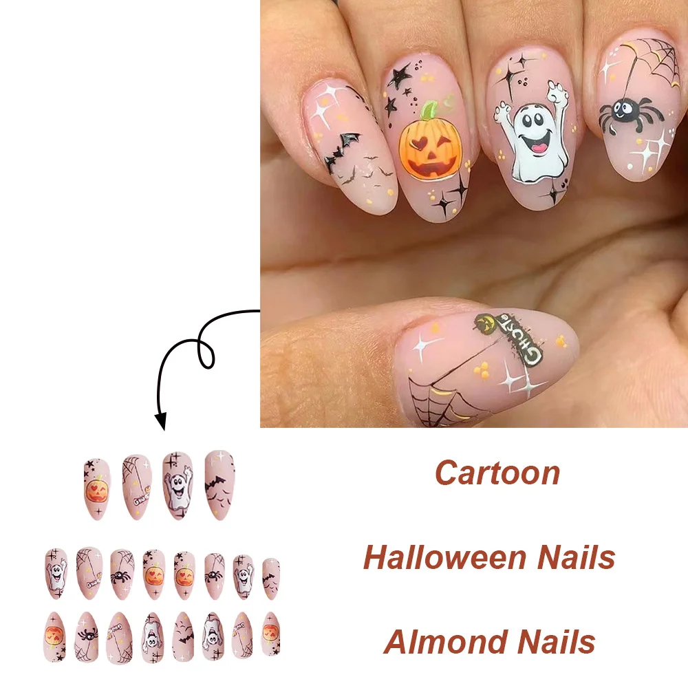 Churchf Churchf Almond Nail Happy Pumpkin Ghost Spider Halloween Element Fake Nail Finished Wear A Holiday Beauty