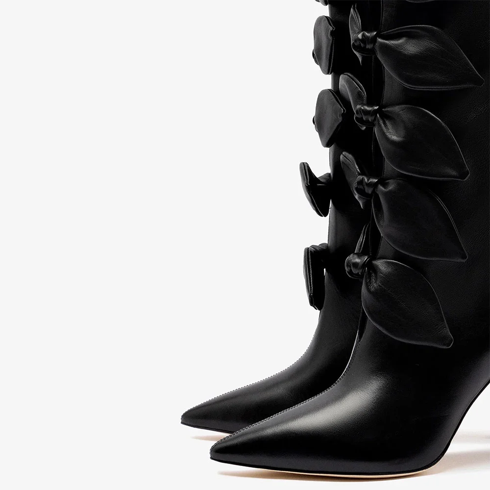Women's Black Wide Calf Chunky Heel Pointed Toe Boots with Bow Ties