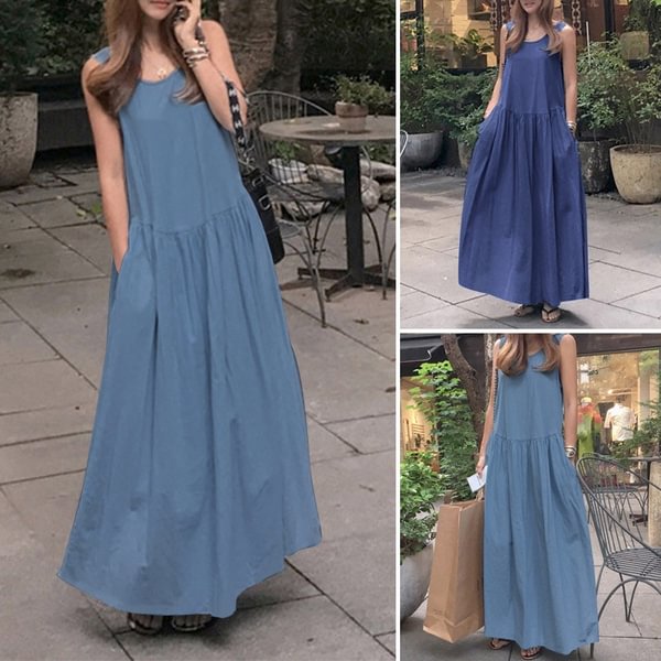 Summer Sundress Women Sleeveless Casual Loose Denim Jeans Long Dress Maxi Dress - Shop Trendy Women's Clothing | LoverChic