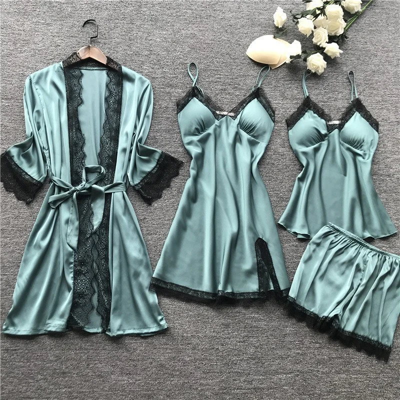 Uveng Uveng Woman Sexy Pajamas Four-Piece Korean Set Of Hanging Pajamas Women Homewear With Chest Pajamas Pajamas Pajamas 2103