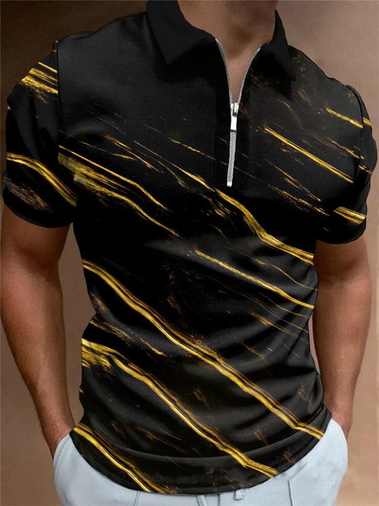 Stripe Print Short-Sleeved Zipper Men's Polo Shirts