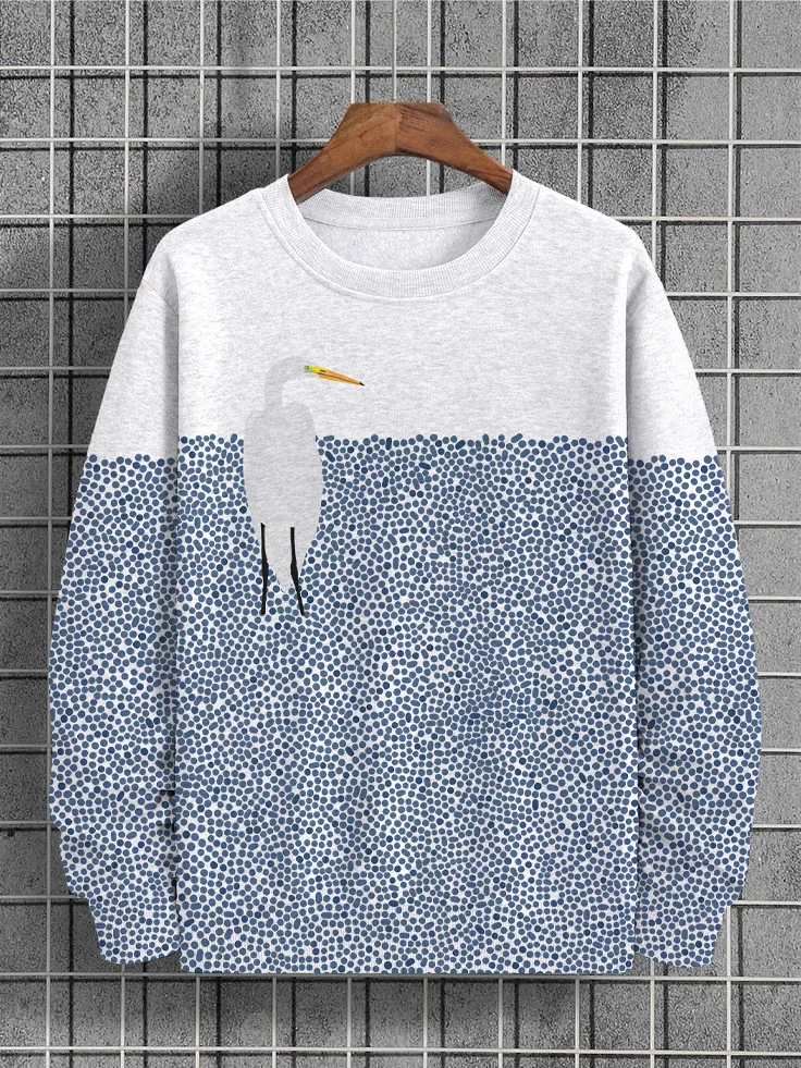 Men's Wading Egret Fun Pointillism Art Print Casual Sweatshirt
