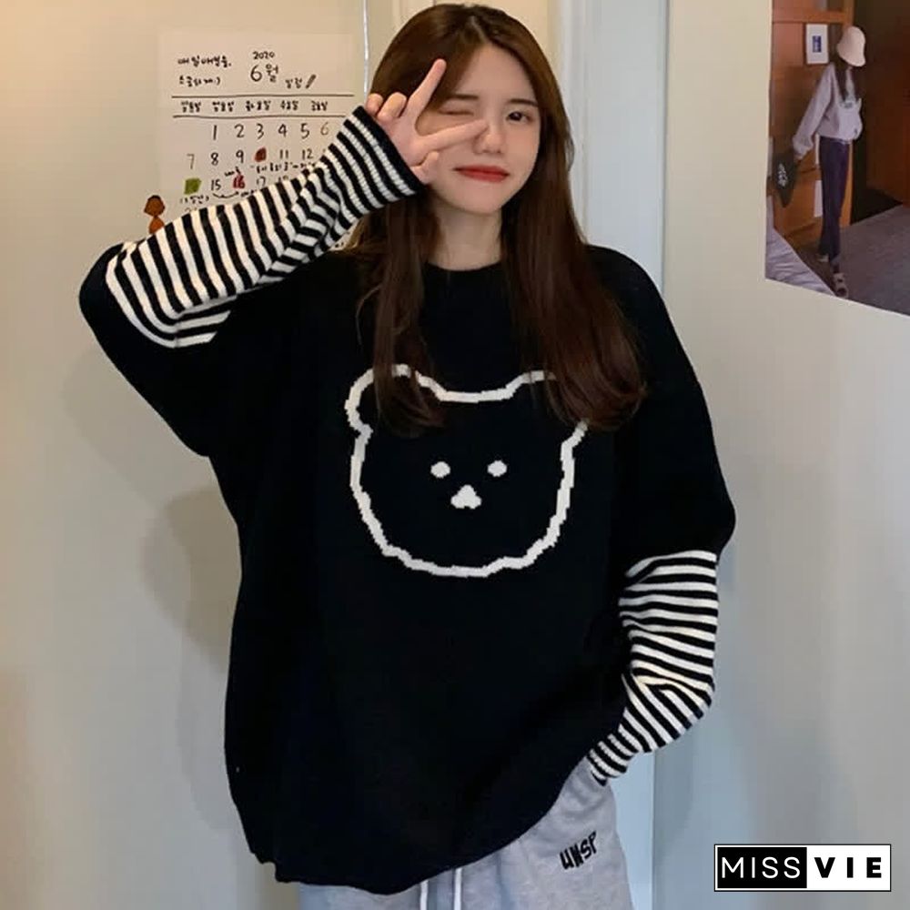 Cartoon Bear Pattern Stripe Sleeve Knit Sweater