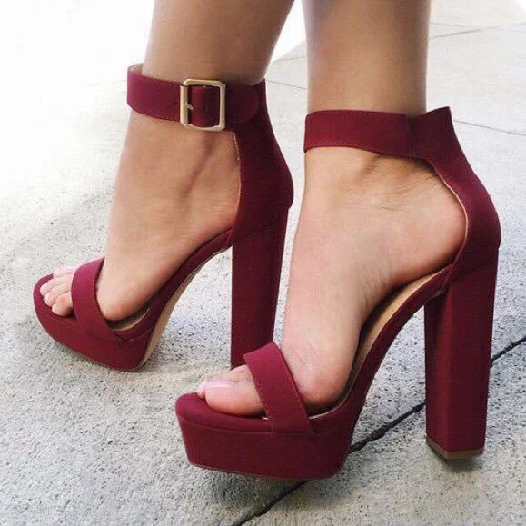 Maroon Chunky Heel Open Toe Ankle Strap Sandals Vdcoo