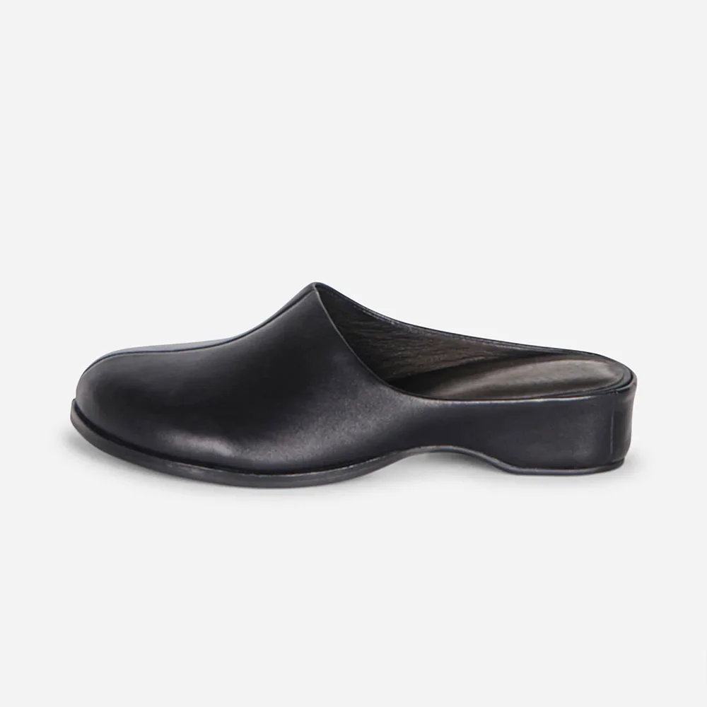 Black Faux Leather Round Flat Casual Slip On Women's Mules Shoes