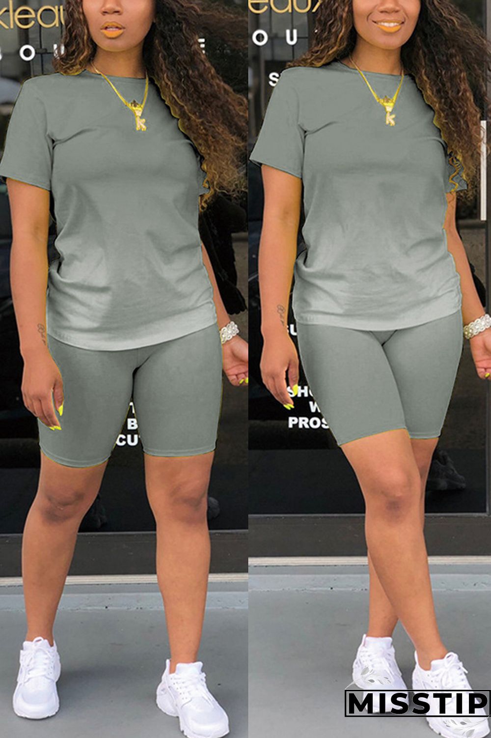 Grey Fashion Casual Gradient Short Sleeve Two Pieces
