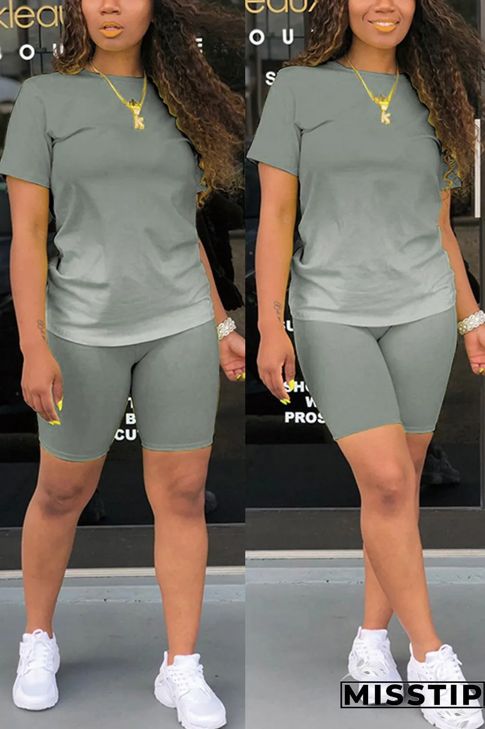 Grey Fashion Casual Gradient Short Sleeve Two Pieces