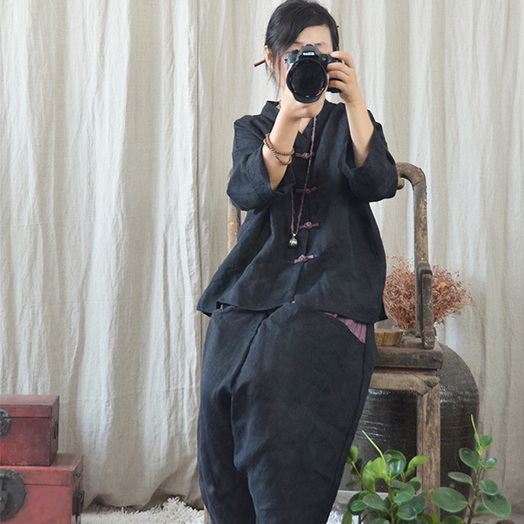 Handmade Traditional Button-up Long Ramie and Cotton Linen Women's Shirt