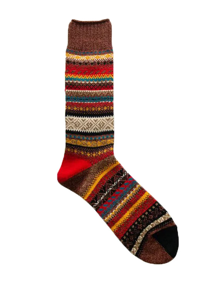 Vintage Ethnic Striped Geo Stretchy Thick Crew Sock