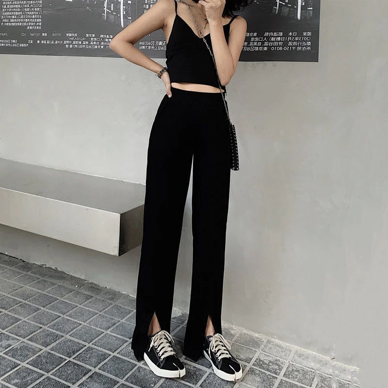 Mopping Pants Women Solid Elegant Simple Femme OL Fashion All-macth Sexy Slit Lady Trousers Slim Chic Ulzzang Large Size 2XL New